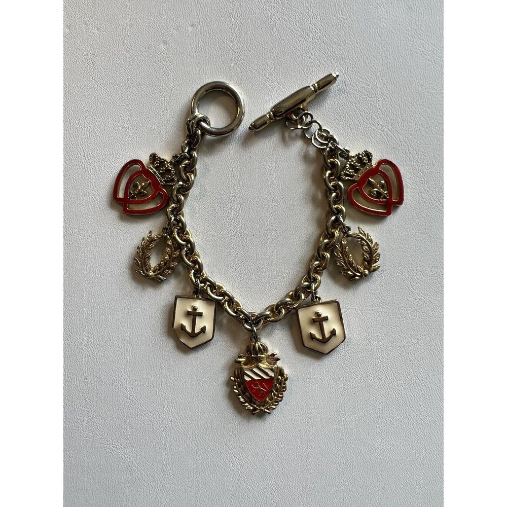 Vintage Cream Gold Red Anchor  Crown Charm Bracelet Nautical